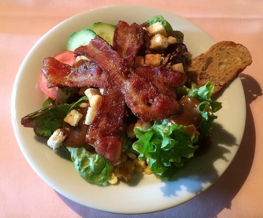 salad, bacon, tomato, bread, eat, food, ready-to-eat, food and drink HD wallpaper