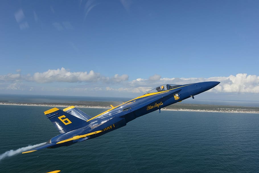 blue and yellow jet fighter about to take off, blue angels HD wallpaper