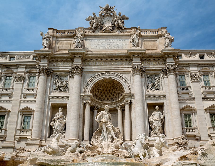 fontana di trevi, roma, rome, italy, building, historic, historical