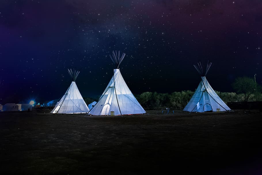 three white tents during night time, camping, teepee, star - Space HD wallpaper