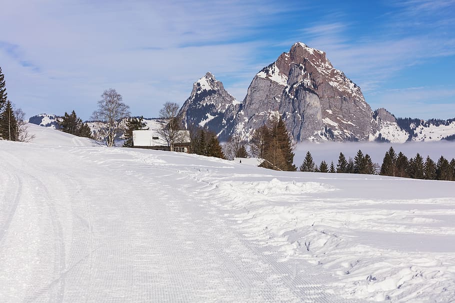 pathway coated by snow near mountains, switzerland, stoos, village, HD wallpaper