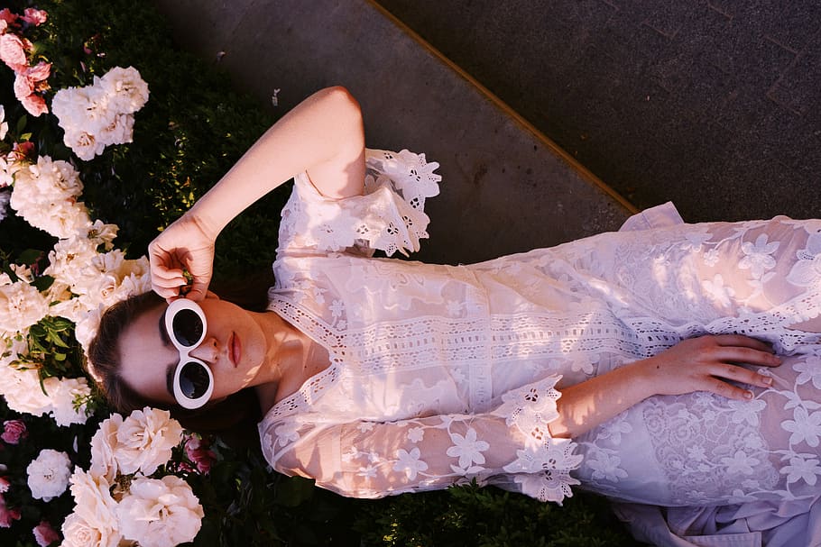 woman in white 3/4-sleeved top taking photo, woman wearing white lace dress HD wallpaper