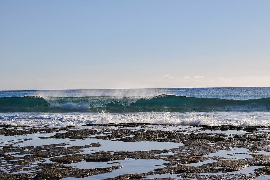 wave, smashing, sea, coast, nature, beach, blue, splash, spray HD wallpaper