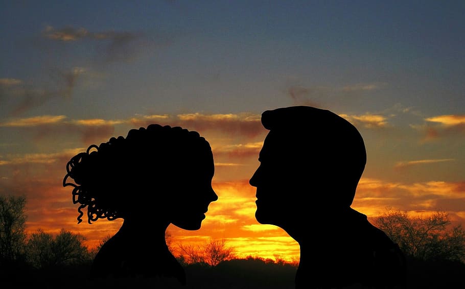 silhouette photo of man and woman in golden hour effect, pair, HD wallpaper