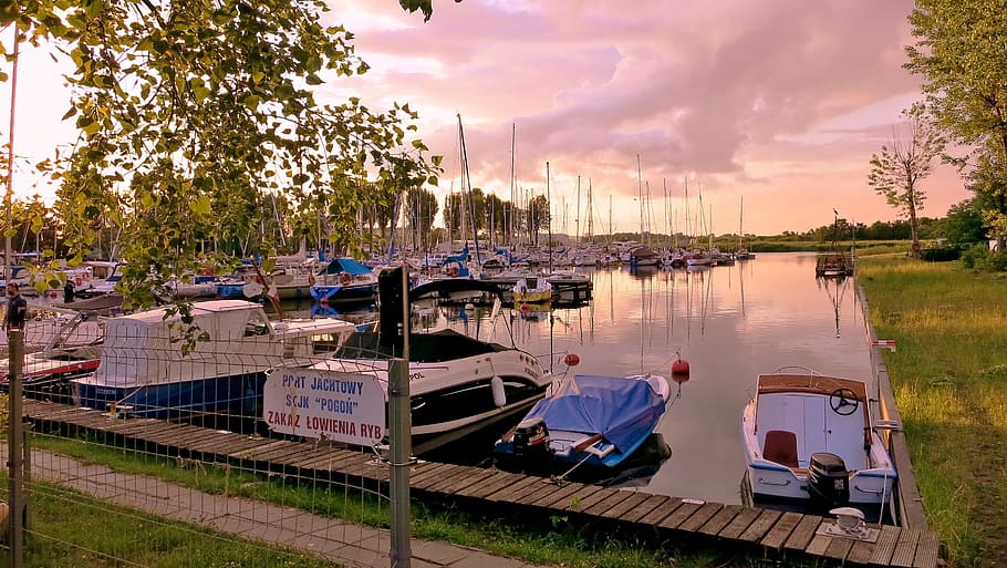 poland, boats, clouds, sky, landscape, evening sky, sunset HD wallpaper