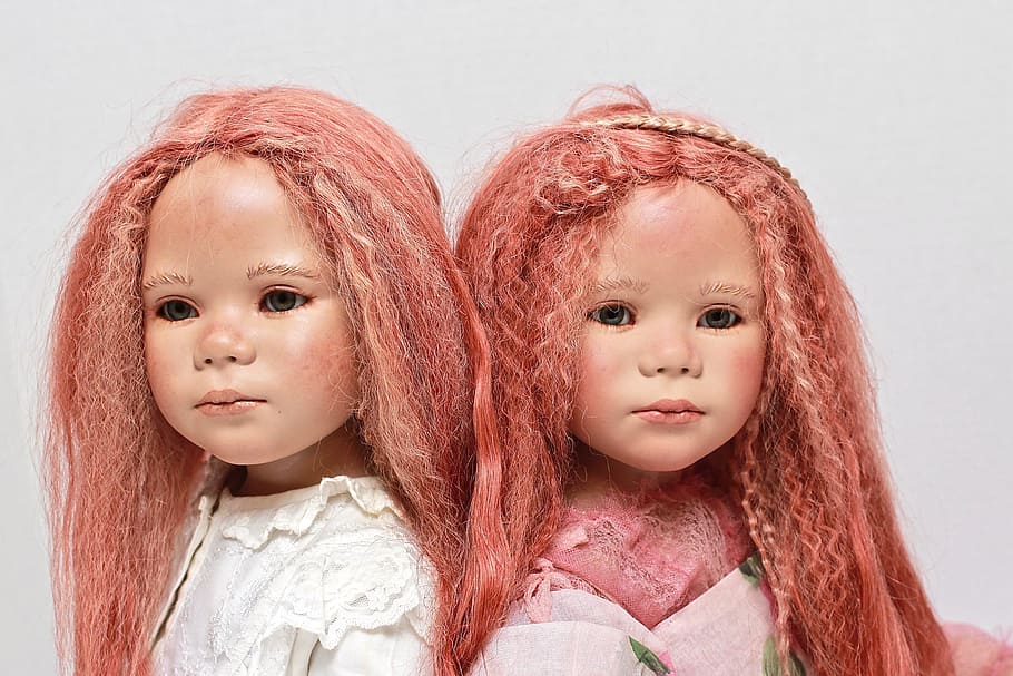 two porcelain dolls, twin redheads, serious, little girls, child, HD wallpaper