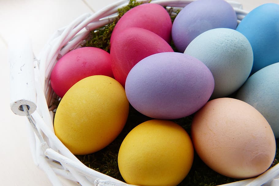 basket of Easter eggs, colorful, natural color, colored, dye eggs