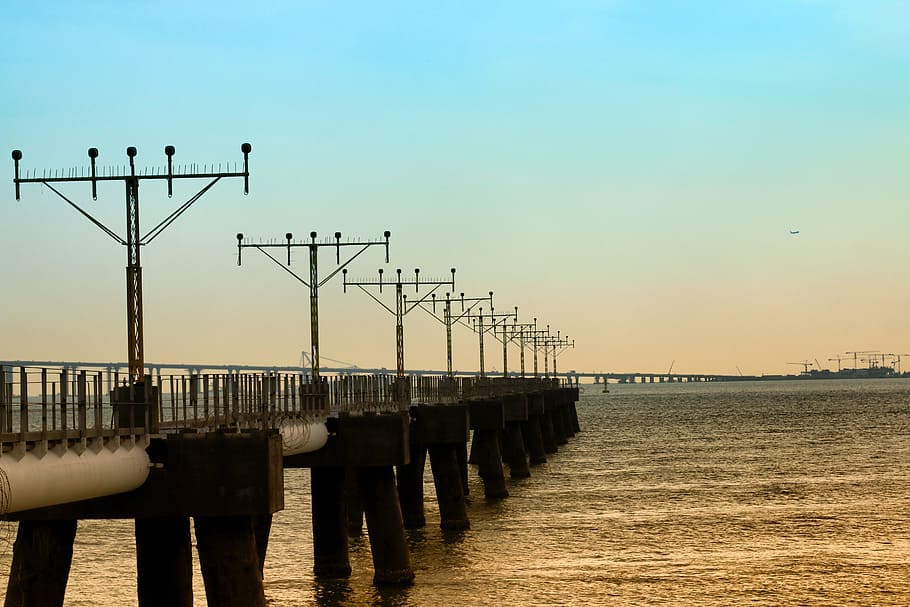antenna array, sea, sunset, sky, water, nature, clear sky, pier HD wallpaper