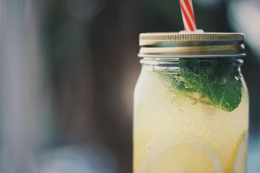 lemon juice in jar with straw, drink, fruit, freshness, food HD wallpaper