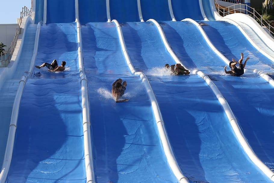 slip, pool, play, water mirror, rest, fun, amuse, summer, blue HD wallpaper
