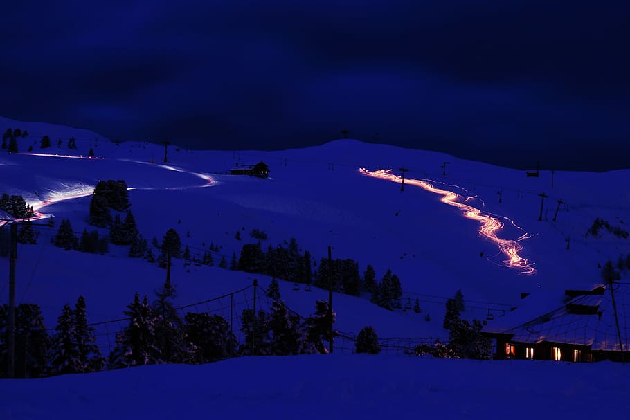 Alps, Cold, Light, Lights, Motion, mountain, night, ski, skier HD wallpaper