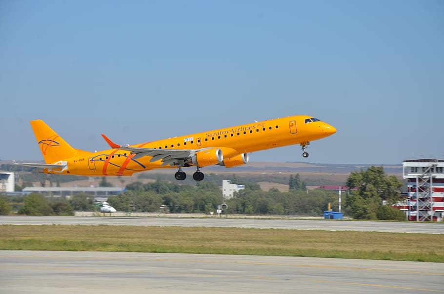 plane, embraer 190 ar, saratov airlines, airport, mineral water, HD wallpaper