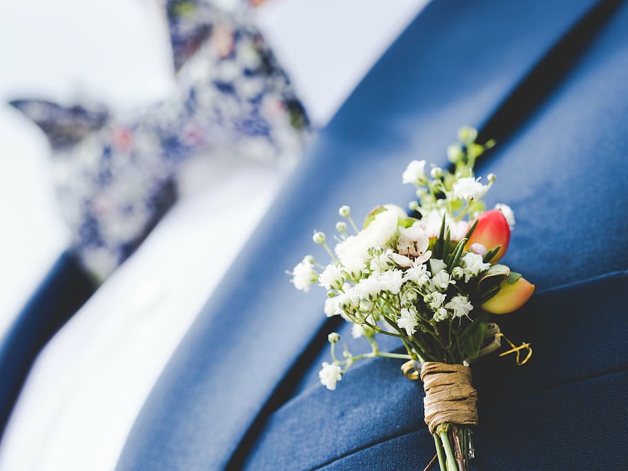 closeup photo of white petaled flowers, red, boutonniere, still HD wallpaper