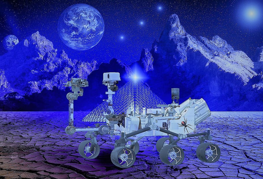 robot, planet, science fiction, space, globe, blue planet, world space satellite, HD wallpaper