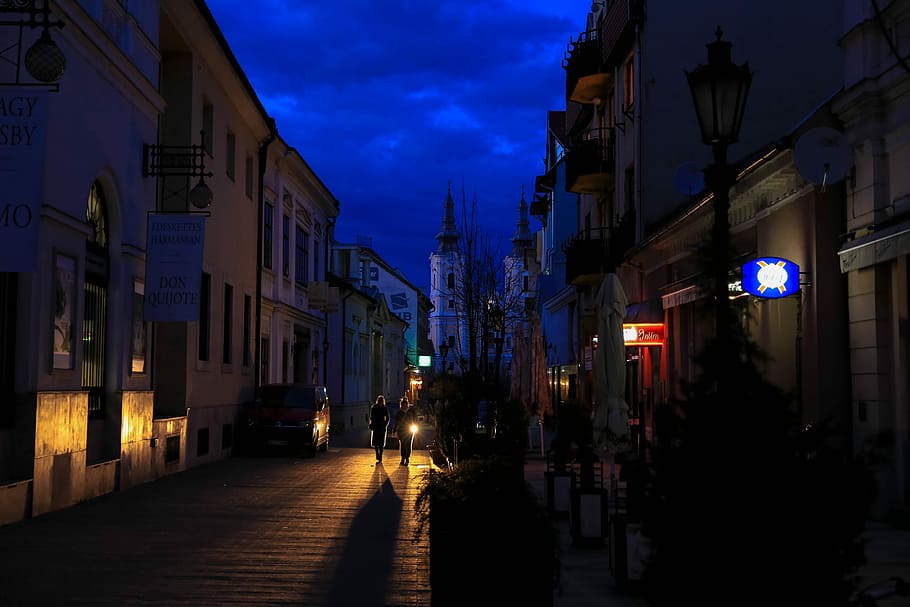 people walking between concrete buildings during nighttime, At Night