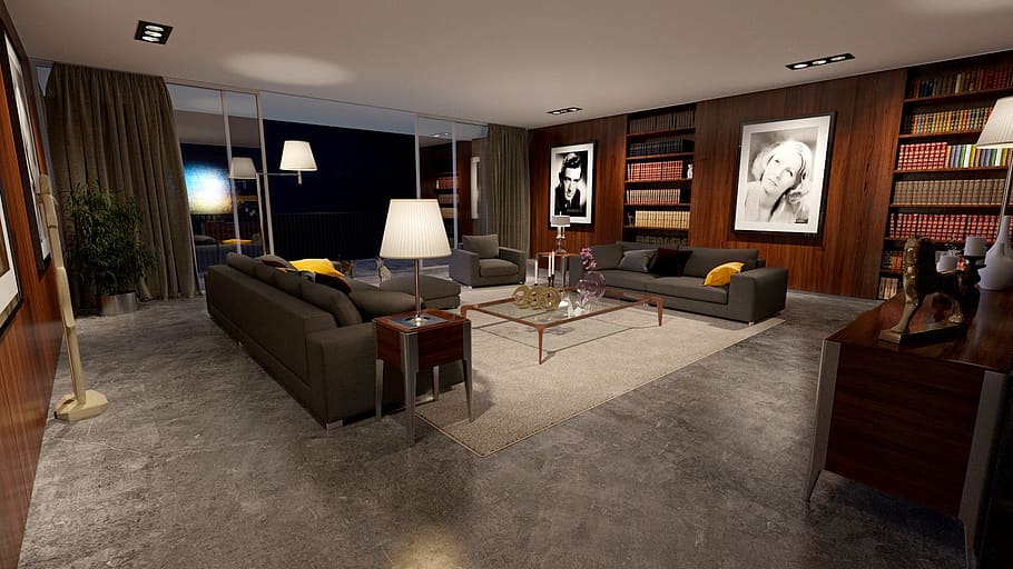 gray sofa in a living room, apartment, interior design, modern