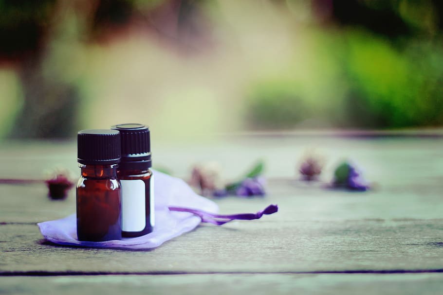 selective focus photography of two glass bottles, wood - Material HD wallpaper