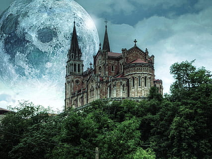 cathedral on mountain, castle, moon, trees, fantasy, dark, gothic HD wallpaper