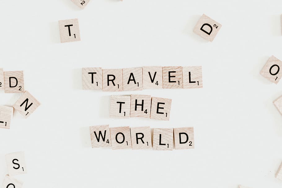 travel the world, travel the world scrabble, letters, words, wooden, HD wallpaper