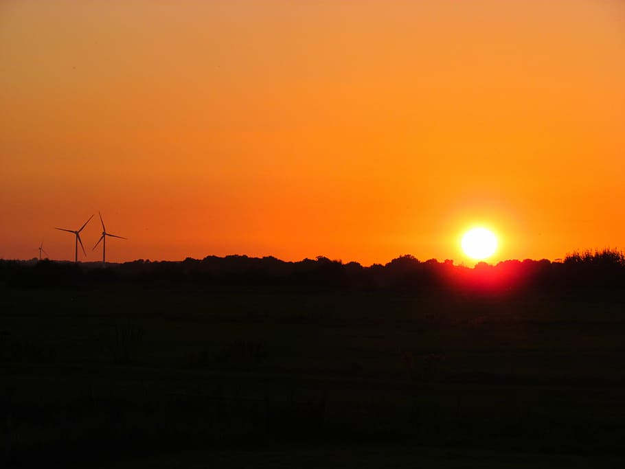 sunset, evening, windmill, mecklenburg, afterglow, sky, evening sky HD wallpaper