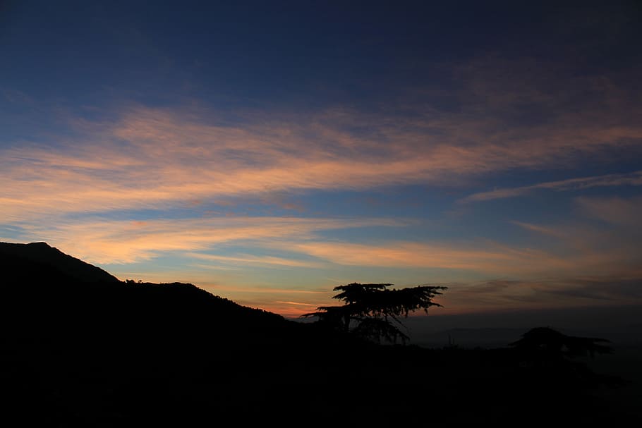 silhouette of mountain peak, cloudy sky view, sunset, tree, outdoor HD wallpaper