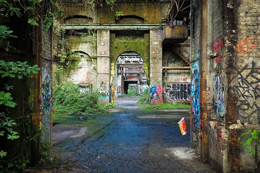 brown structure with graffiti, lost places, rooms, leave, pforphoto