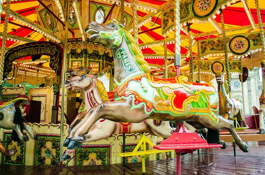 yellow and red carousel, park, holiday, roundabout, fun, horse HD wallpaper