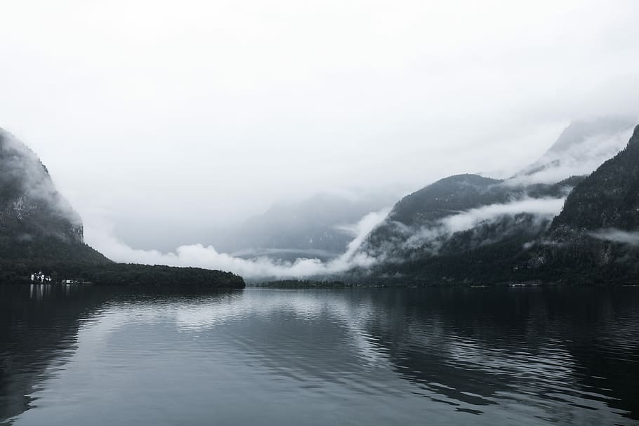 body of water grayscale photo, grayscale photography of body of water and mountains HD wallpaper