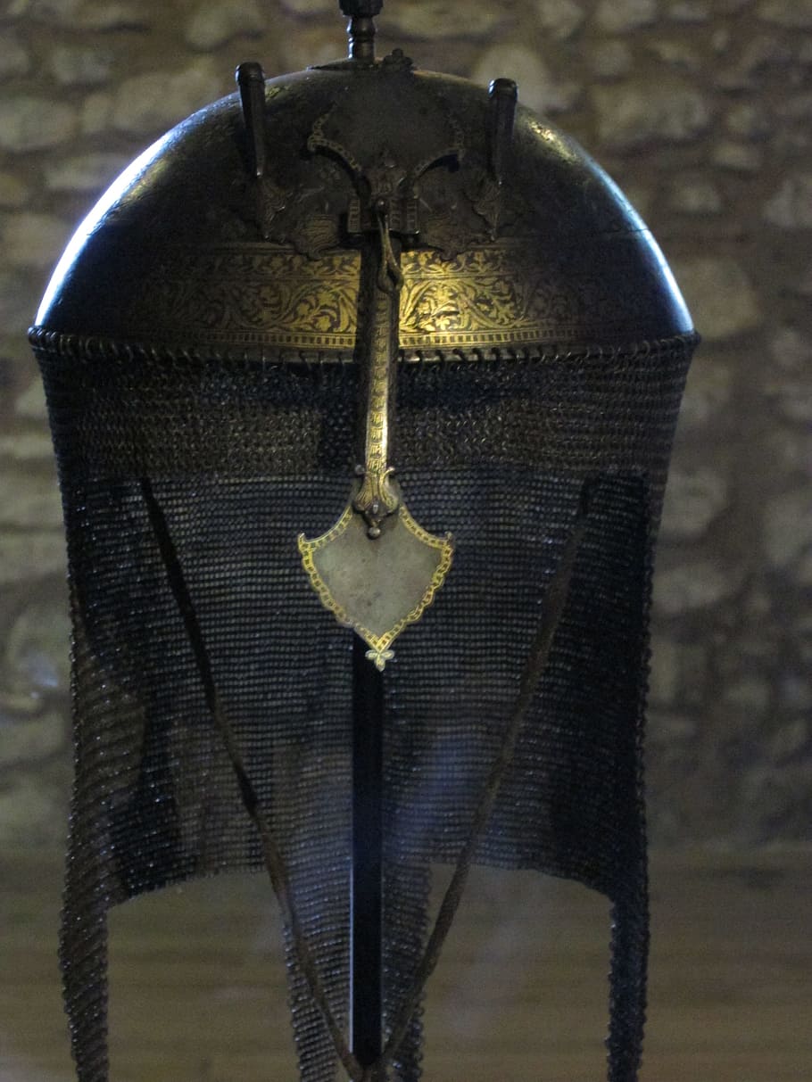 helm, helmet, armor, old, museum, military, warrior, stone HD wallpaper