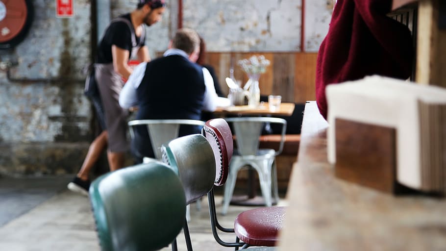 two black steel bar stools in shallow focus photography, cafe HD wallpaper