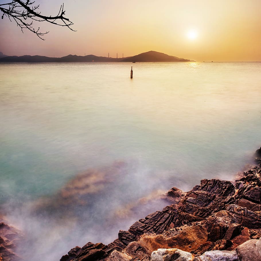 sunset, sea, mist, sky, nature, twilight, landscape, water HD wallpaper