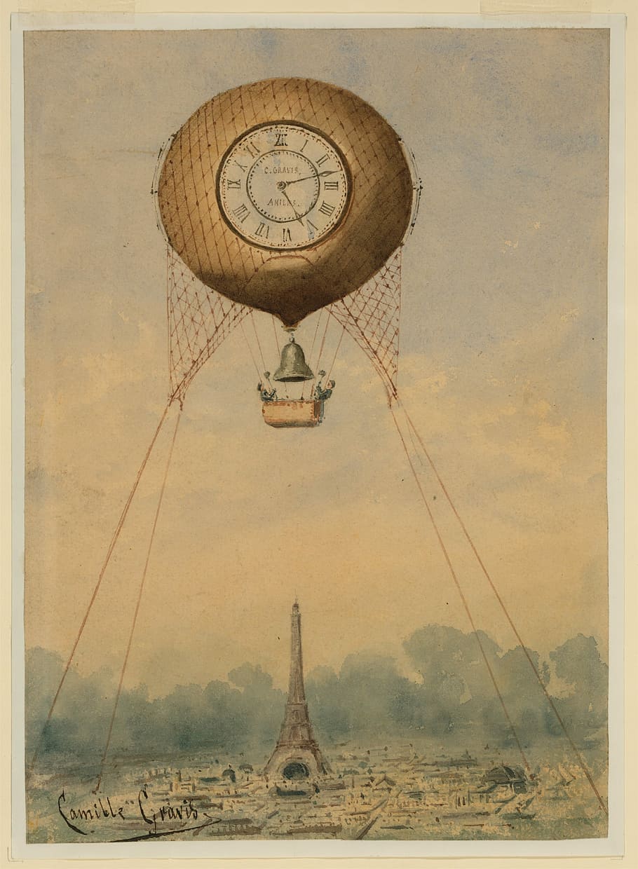 hot air balloon clock painting, world exposition, paris, france, HD wallpaper
