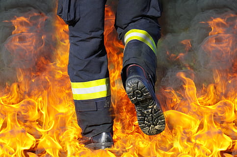 pair of black boots, fire, fireman, to walk, hot, fire - natural phenomenon HD wallpaper