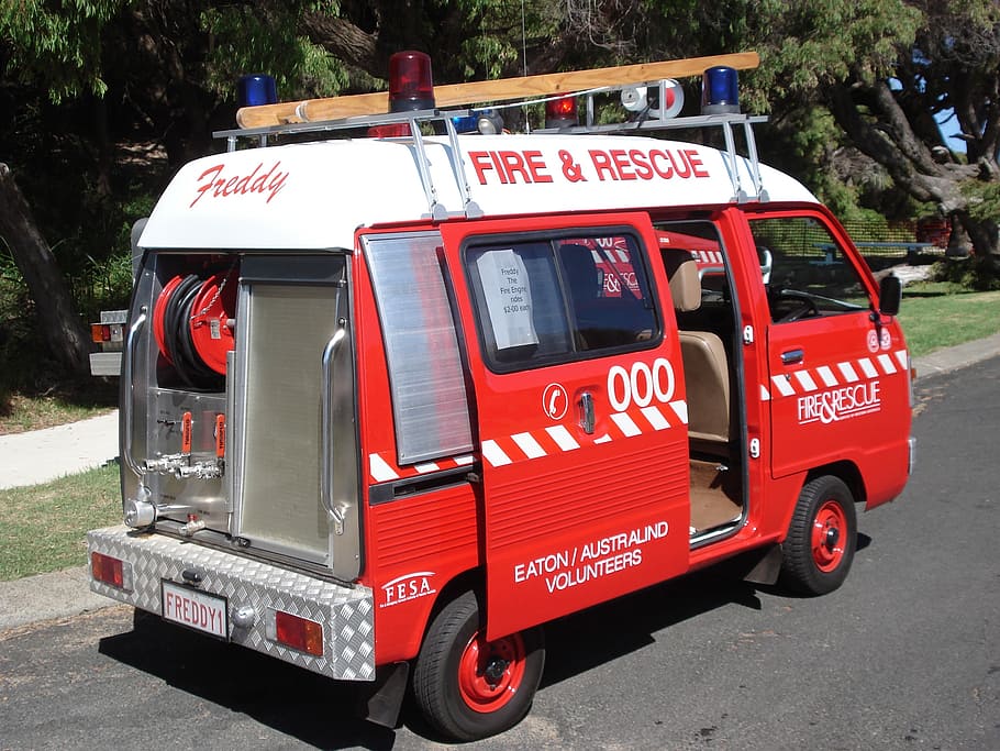 fire, minibus, red, vehicles, fire truck, transportation, text HD wallpaper