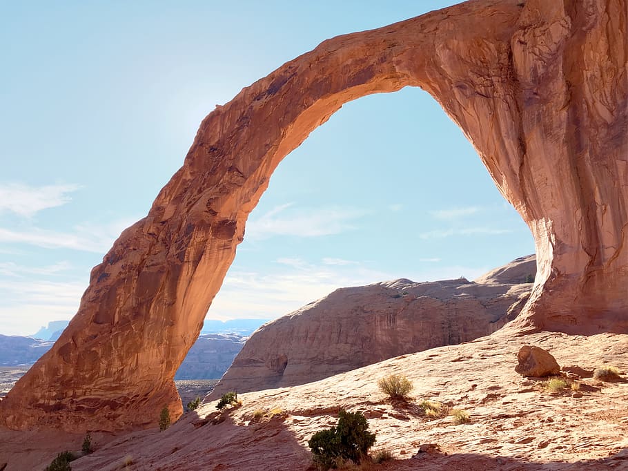 rocks, hill, mountain, arch, landscape, nature, sunny, day HD wallpaper