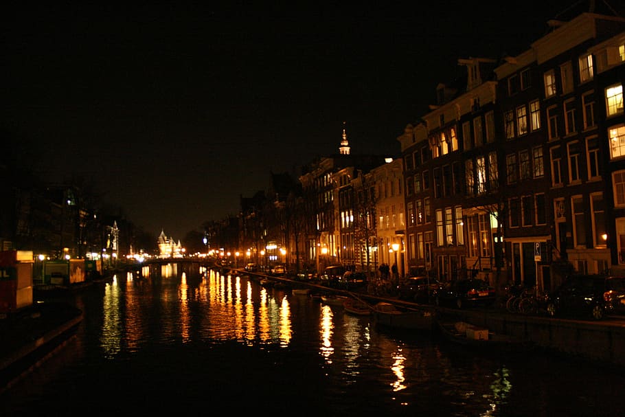 Amsterdam, River, City, Night, Lights, canal, architecture HD wallpaper