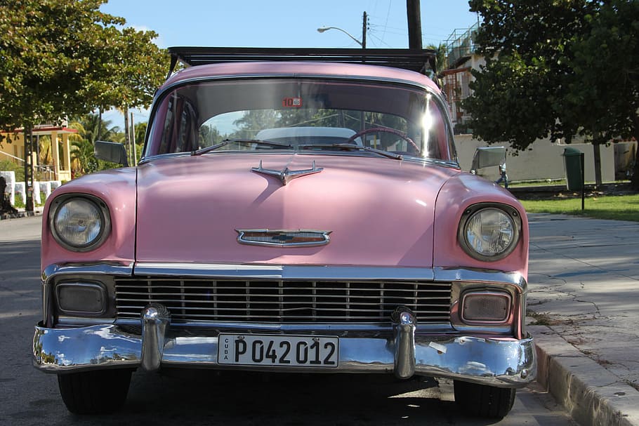pink car parked beside gray concrete pathway, auto, oltimer HD wallpaper