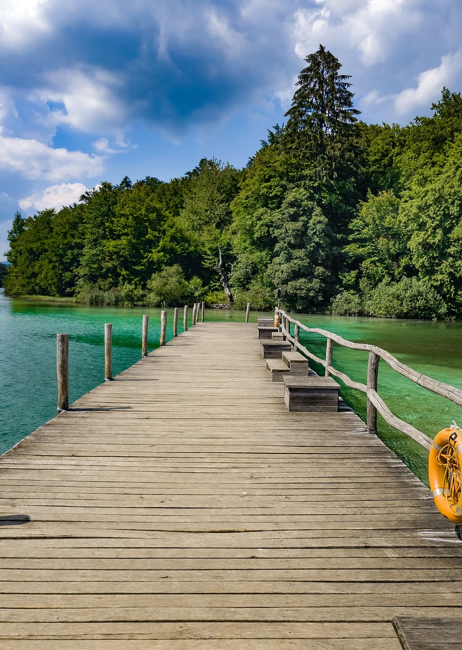 pontoon, landscape, cloud, clouds, nature, sky, tree, green HD wallpaper