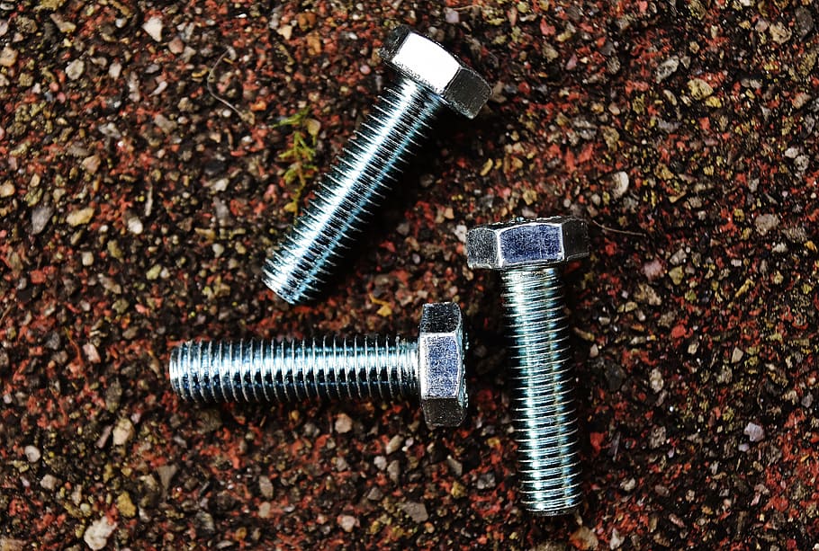 screw, hex bolt, construction material, silver, metal, high angle view, HD wallpaper