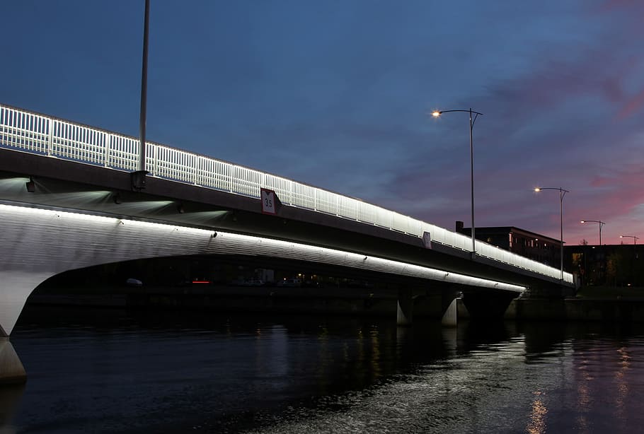 Bridge, River, Water, Reflections, finland, sky, clouds, sunset HD wallpaper