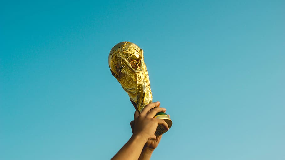 person holding gold trophy, man raising up FIFA World Cup trophy, HD wallpaper