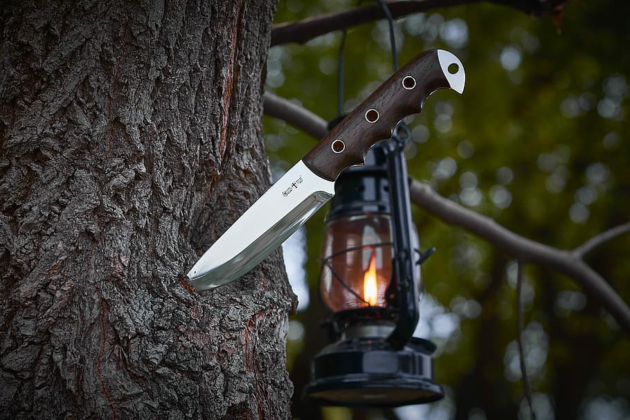 knife stuck on tree, blade, bark, trunk, lantern, flame, light, HD wallpaper