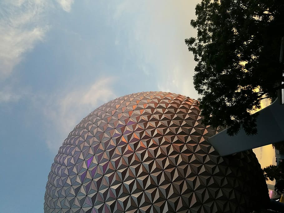 Epcot at sunset, architectural photography of gold and purple ball building HD wallpaper