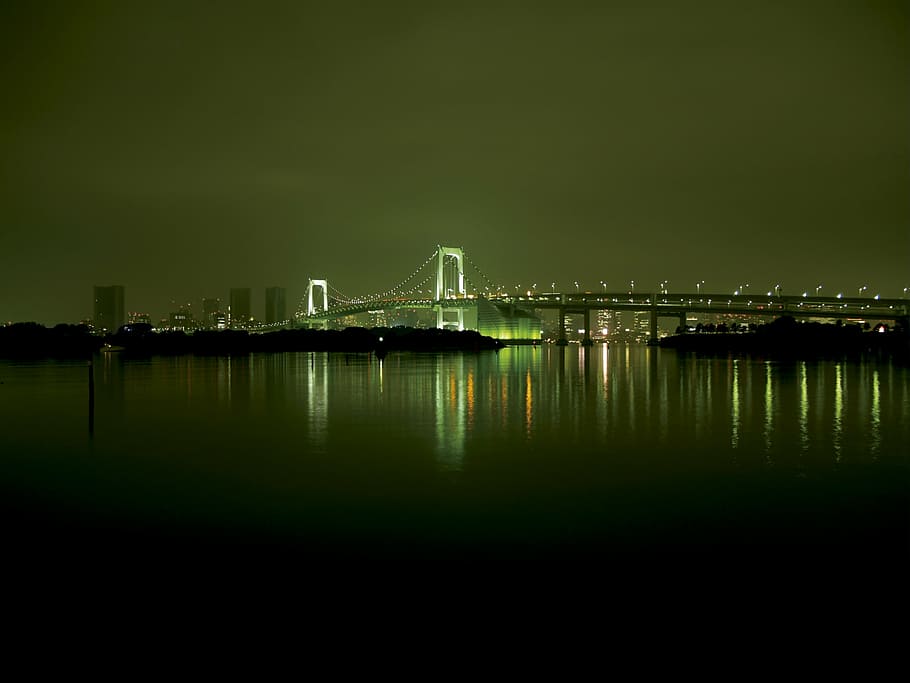night view, bridge, light, light up, city, sea, odaiba, tokyo HD wallpaper