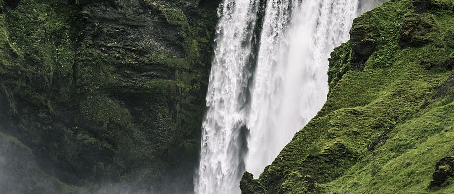 waterfalls beside green mountain, cascade, daylight, hills HD wallpaper