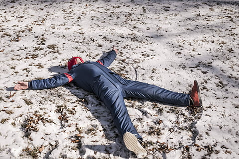 person in blue overalls lying on snow during daytime, people HD wallpaper