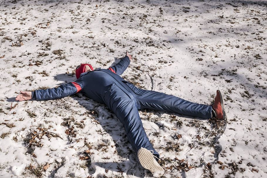 person in blue overalls lying on snow during daytime, people HD wallpaper