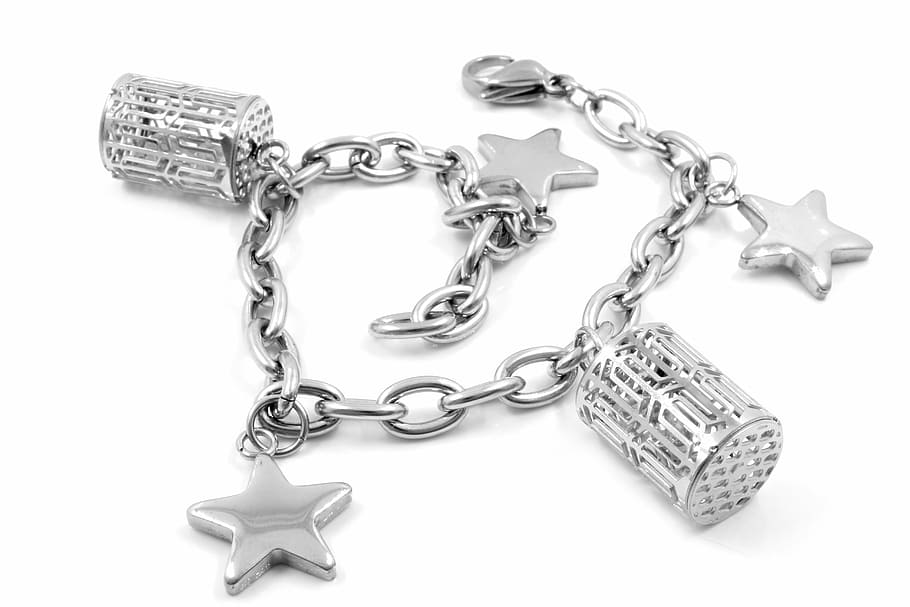 silver-colored charm bracelet on white surface, stainless, background, HD wallpaper