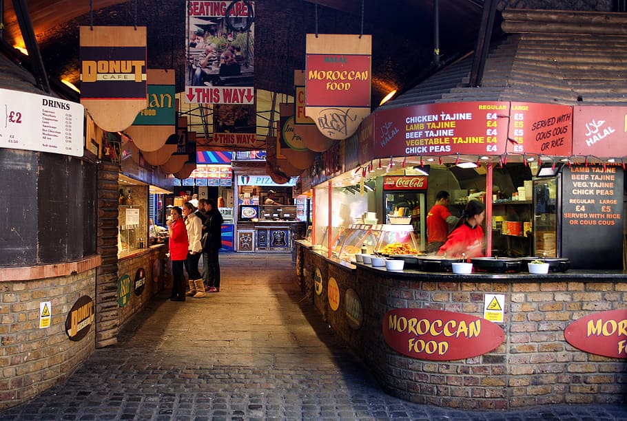people standing in front of a stall, london, england, eateries, HD wallpaper