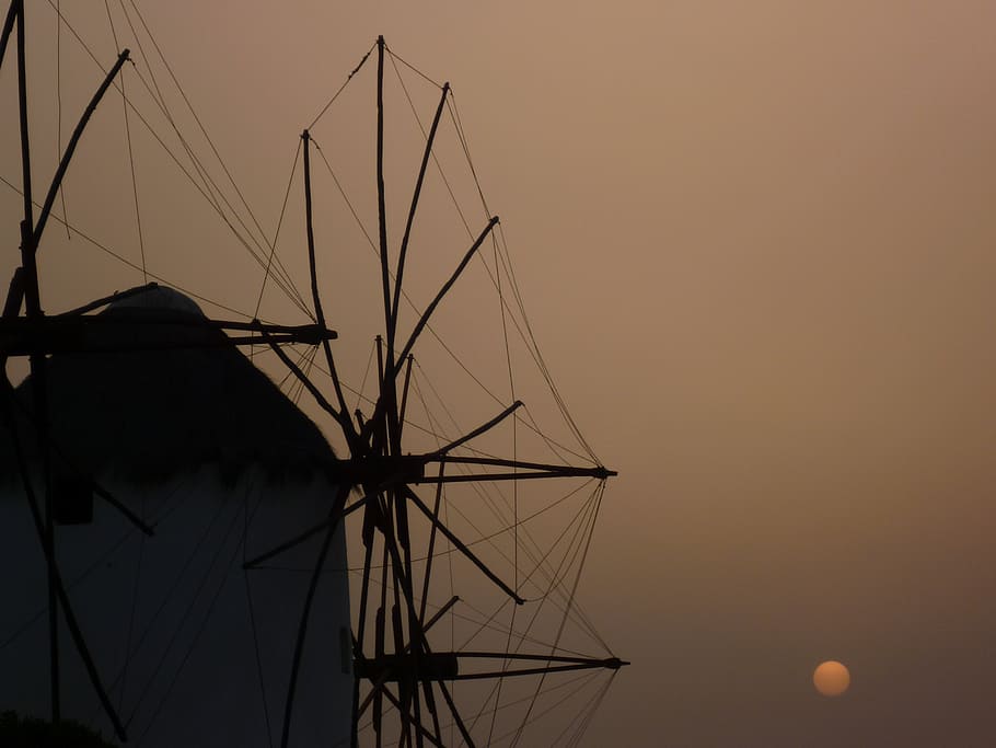 windmill, greece, old, sky, sunset, sailboat, nature, no people HD wallpaper